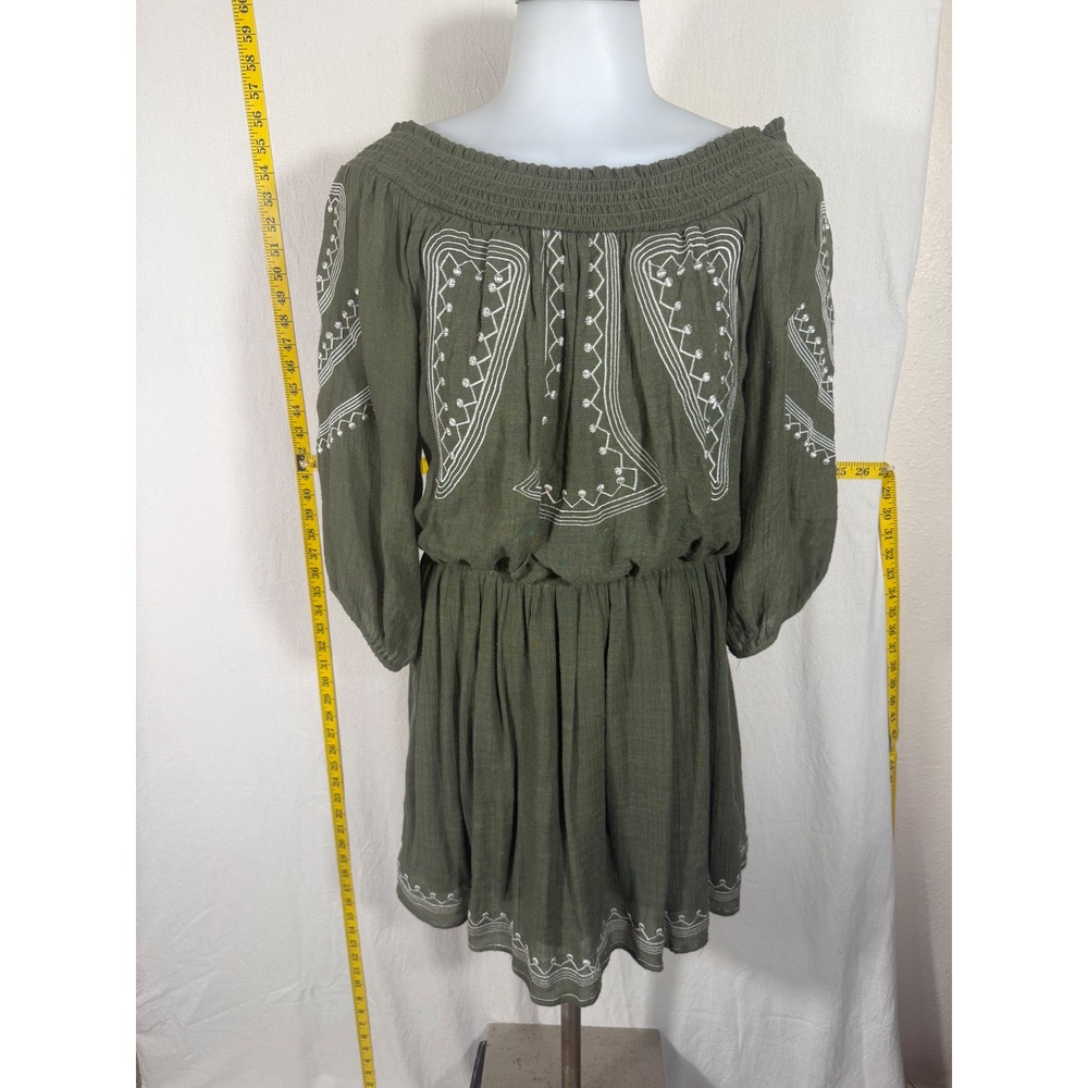 Entro Dress Small Olive Green Embroidered Oversized Gauzy Off Shoulder Bohemian